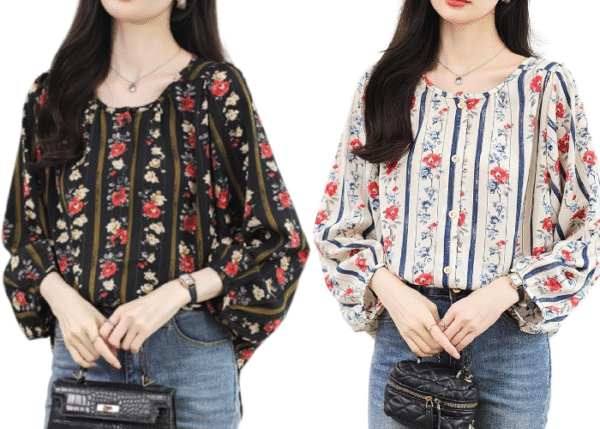 ROSELUCA. Women's Floral Striped Shirt, Blouse, Top, Chiffon, Round Neck, Spring, Summer
