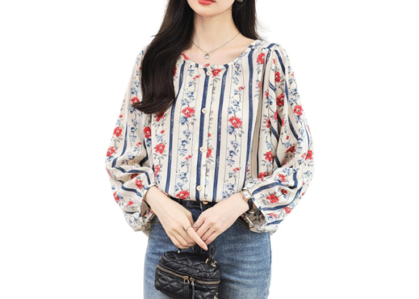 ROSELUCA. Women's Floral Striped Shirt, Blouse, Top, Chiffon, Round Neck, Spring, Summer - Image 2