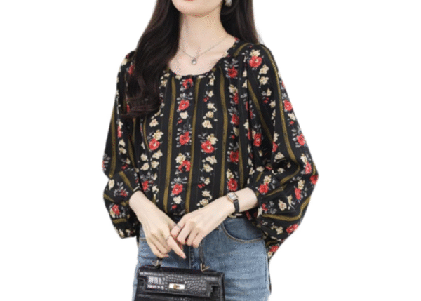 ROSELUCA. Women's Floral Striped Shirt, Blouse, Top, Chiffon, Round Neck, Spring, Summer - Image 3