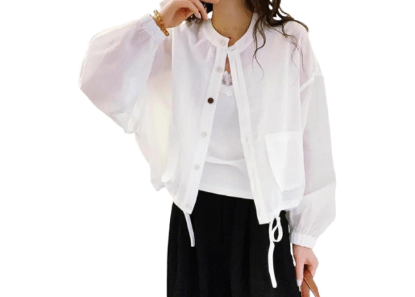 Vmiutyer LLOP Women's UV Cut Shirt, Short Length, Button, Ribbon, Cool, Shirt Jacket with Pockets, Sheer, Thin - Image 3