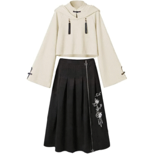 Minesam Chinese Style Hoodie, Women's, Hooded, 2-Piece Set, Top and Skirt, Chinese Clothing, Stylish, Spring and Autumn