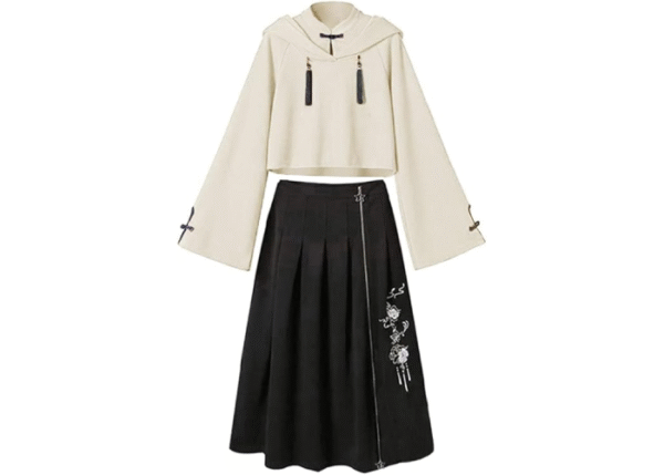 Minesam Chinese Style Hoodie, Women's, Hooded, 2-Piece Set, Top and Skirt, Chinese Clothing, Stylish, Spring and Autumn