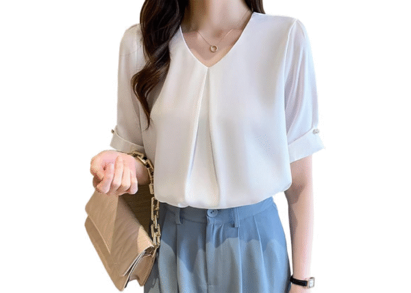 Xiaoyu Women's Blouse, Short Sleeve, Office Chiffon Shirt, V-Neck, Stylish, Top - Image 3