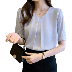 Xiaoyu Women's Blouse, Short Sleeve, Office Chiffon Shirt, V-Neck, Stylish, Top