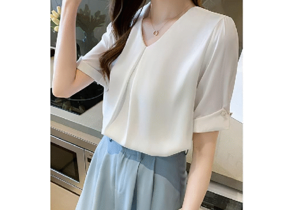 Xiaoyu Women's Blouse, Short Sleeve, Office Chiffon Shirt, V-Neck, Stylish, Top - Image 2